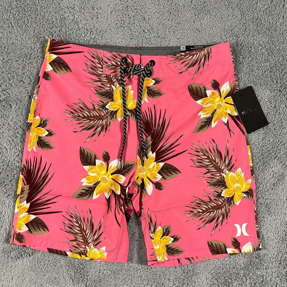Hurley Men's Hibiscus Board Shorts Pink Floral Beach Tropical 28  Drawstring